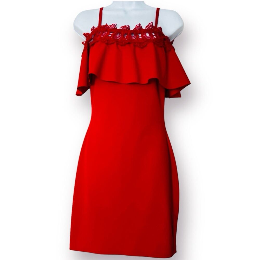 I.N. San Francisco Red Lace Off Shoulder Ruffle Body Con Cocktail Dress Size 9